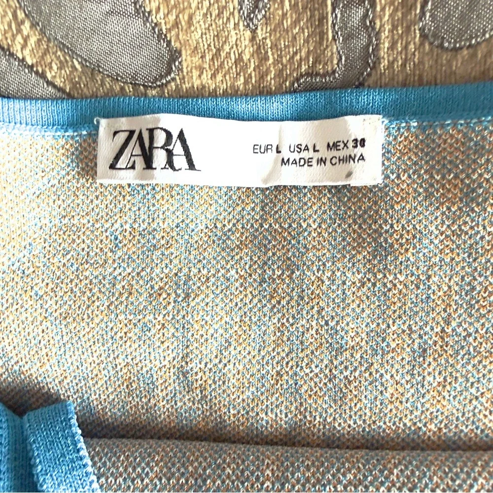 Zara Blue Gingham Daisy Knit Mini Dress Size Large - Picture 11 of 12